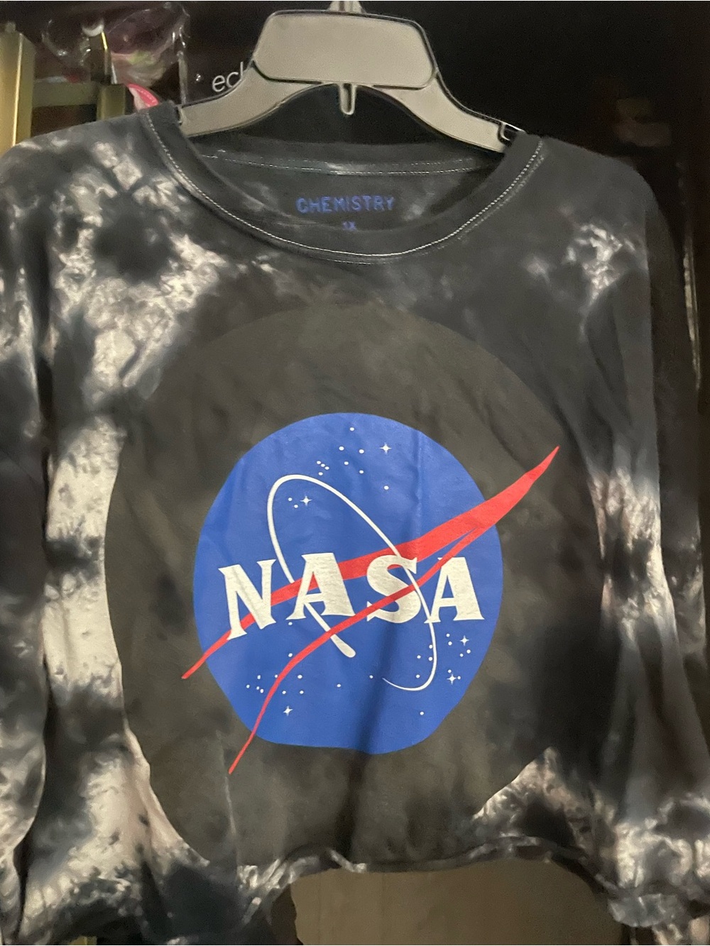 Chemistry Black Tie-Dye NASA Long Sleeve Logo Crop Top with Blue and Red Graphic